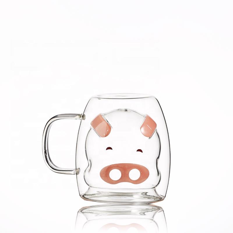 Creative Heat Resistant Borosilicate Double Wall Kids Cartoon Animal Printing Coffee Juice Milk pig Glass Cup